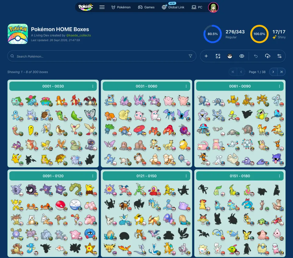 The Pokémon HOME box organizer showing six boxes of a Living Dex in national order, with caught Pokémon in their Poké Balls, a few shinies and planned entries still missing