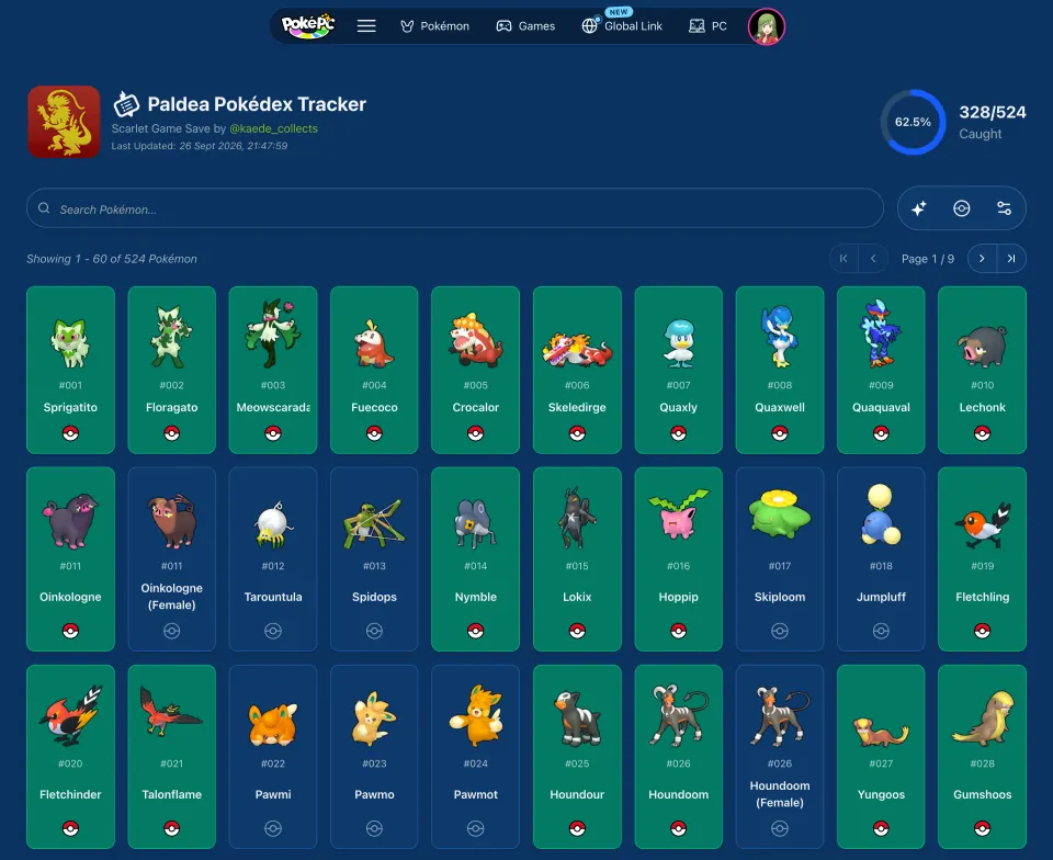 A Paldea Pokédex tracker at 328 of 524 caught, with caught Pokémon shown on green cards and a few still missing