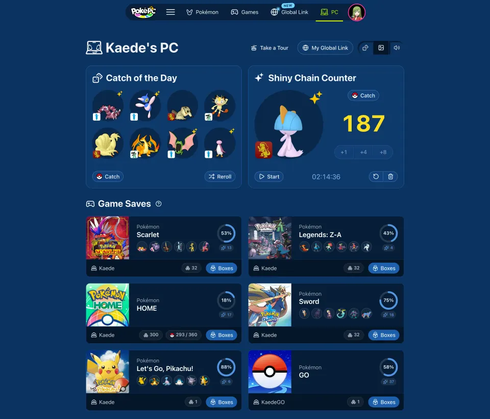 My PC desktop with Catch of the Day, a shiny chain counter and six game saves from Scarlet, Legends: Z-A, HOME, Sword, Let's Go, Pikachu! and GO, each with its trainer, team and Pokédex progress