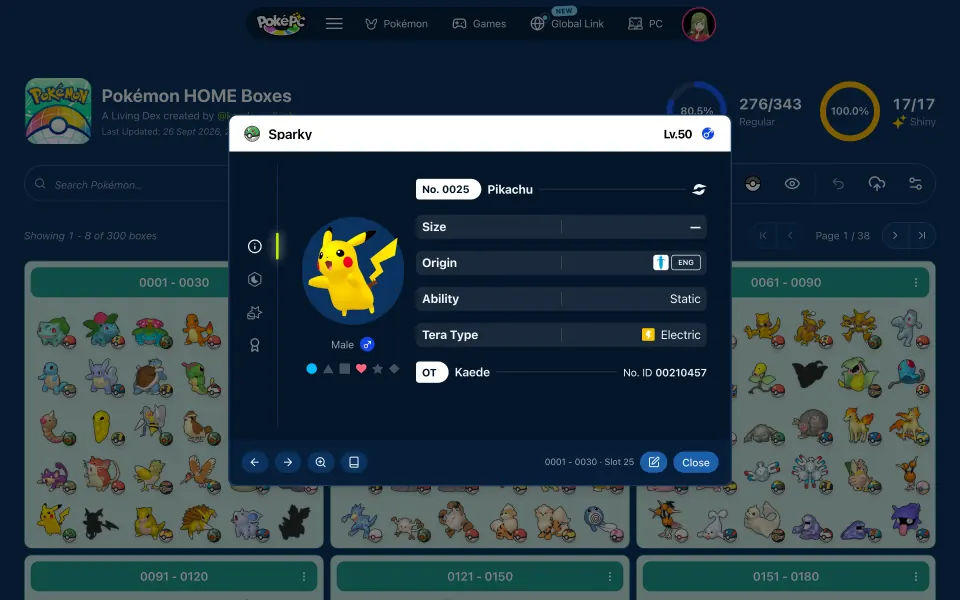 The Pokémon detail dialog for a Pikachu nicknamed Sparky, showing its level, gender, origin, ability, Tera Type and original trainer