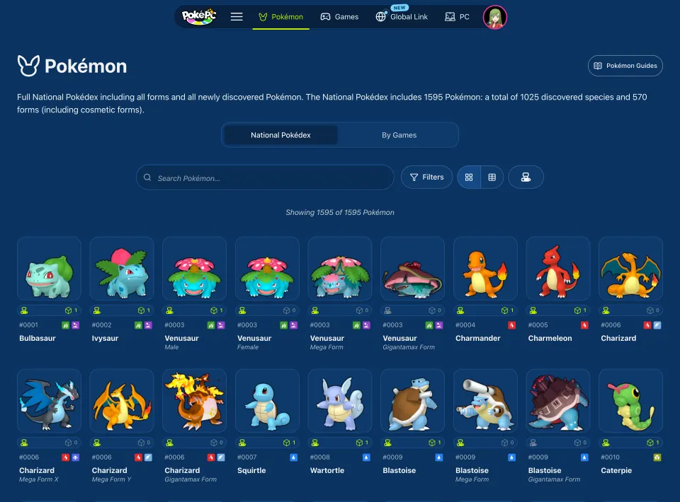 The National Pokédex index with its search box, filters, grid and table views, and cards for Bulbasaur, Charmander and their forms
