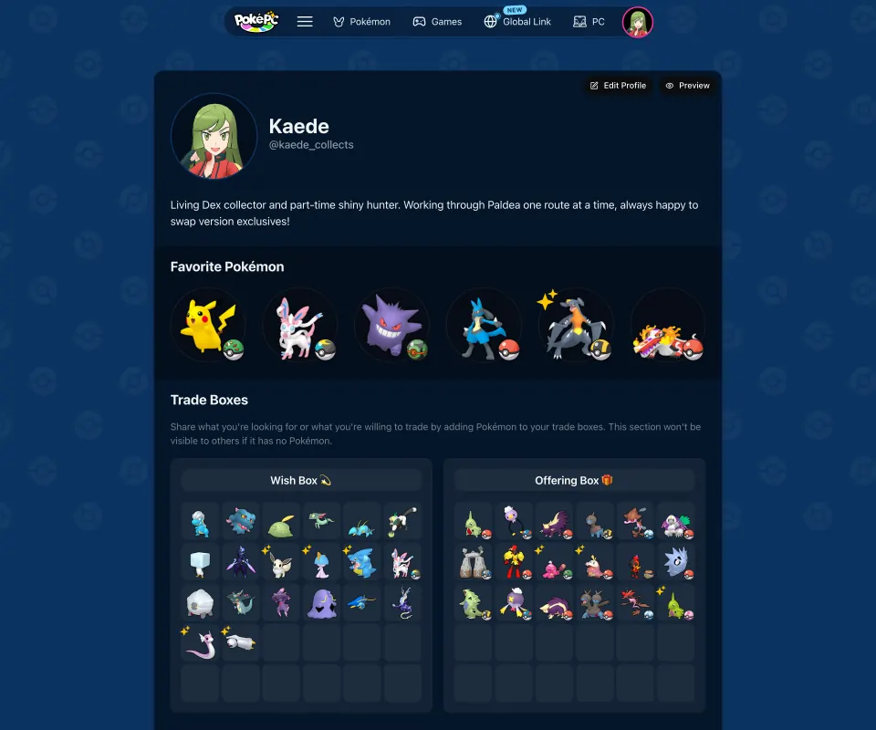 A trainer profile with a short bio, six Favorite Pokémon, a Wish Box of wanted Pokémon and an Offering Box of Pokémon available to trade